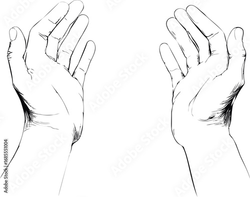 Illustration of two open hands in a sketch style with detailed lines. Vector illustration