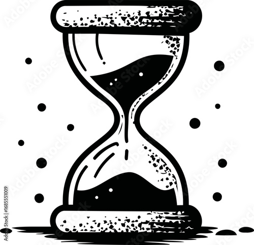 Black and white illustration of sand hourglass with floating grains, concept of time. Vector illustration