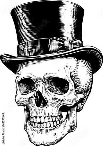 Detailed skull illustration with top hat and bow tie in black and white sketch. Vector illustration
