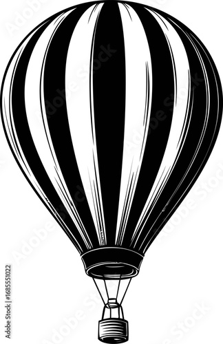 Black and white hot air balloon with striped pattern in vintage style illustration. Vector illustration