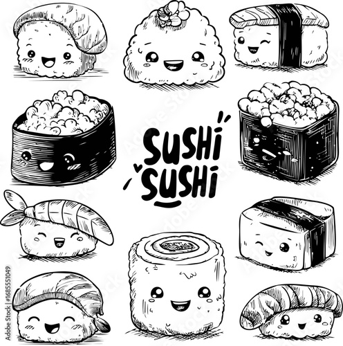 Cute sushi characters in black and white with smiling faces, cartoon style. Vector illustration