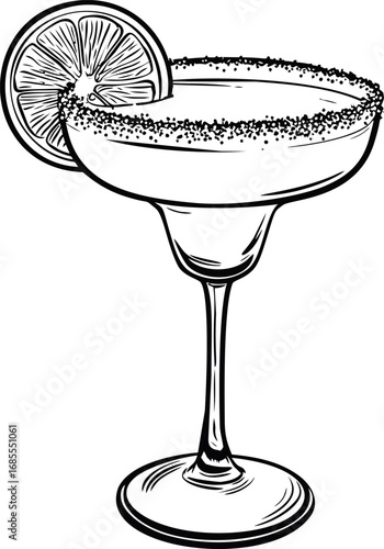 Margarita cocktail glass with lemon slice in black and white sketch drawing style. Vector illustration