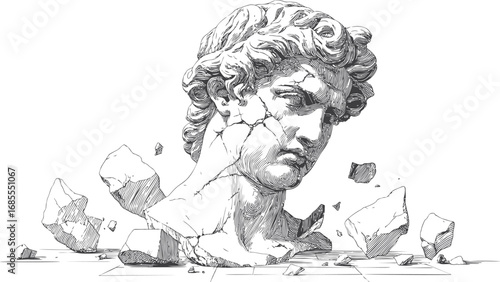 Crumbling classical sculpture head with scattered fragments, monochrome sketch. Vector illustration
