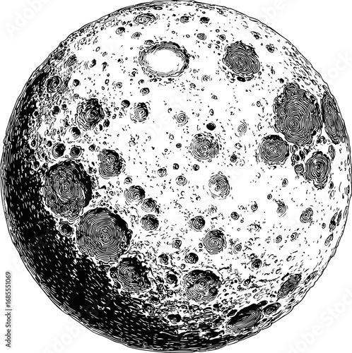 Detailed black and white illustration of the moon's surface with craters. Vector illustration