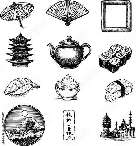 Traditional japanese illustrations including sushi and teapot black and white. Vector illustration