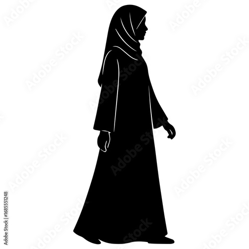 Black and white vector silhouette of a Hijabi girl in Abaya on white background  