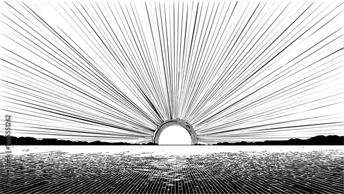 Monochrome sunrise over horizon with radiating lines creating visual impact. Vector illustration