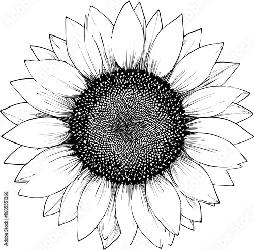 Intricate black and white sketch illustration of a detailed sunflower drawing. Vector illustration