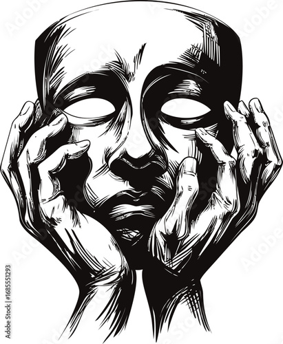 Abstract black and white sketch illustration of hands holding a theatrical mask. Vector illustration