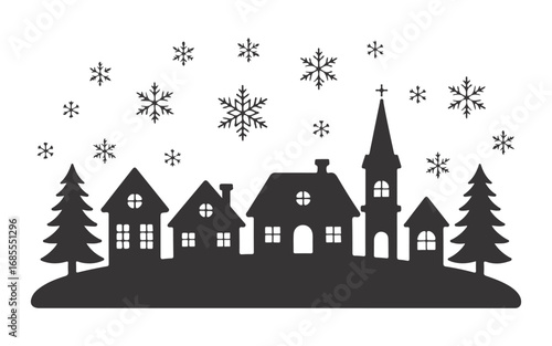 Silhouette Christmas Village Scene with Trees Vector
