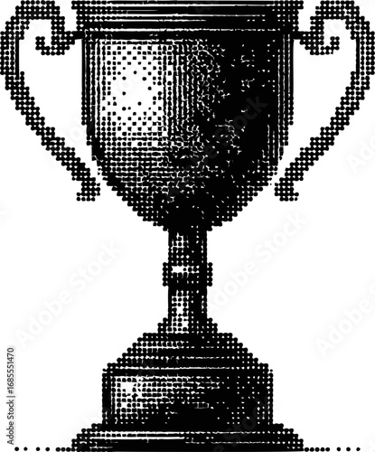 Black and white pixelated trophy with ornate handles and retro design. Vector illustration