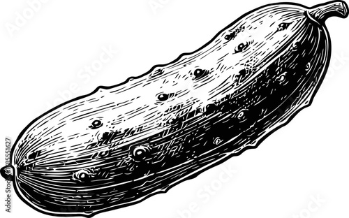 Detailed black and white illustration of a cucumber in vintage sketch style. Vector illustration