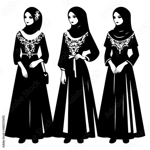 Black and white vector silhouette of a Hijabi girls in Abaya on white background  