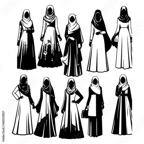 Black and white vector silhouette of a Hijabi girls in Abaya on white background  