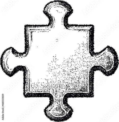 Grainy black and white illustration of a single puzzle piece sketch. Vector illustration