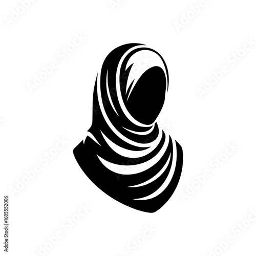 Black and white vector silhouette of a Hijabi woman on white background 