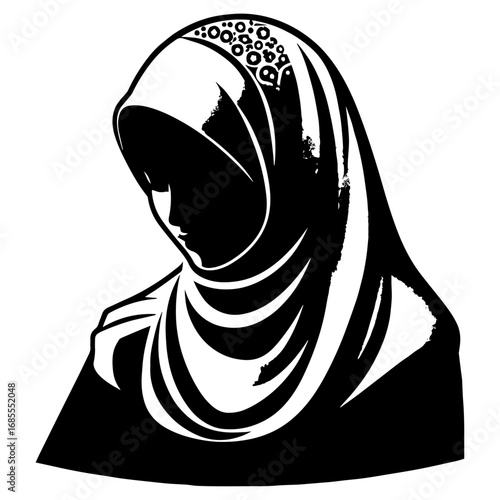 Black and white vector silhouette of a Hijabi woman on white background 