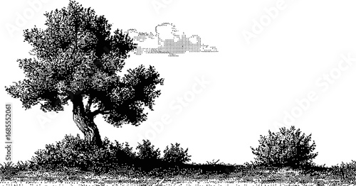 Black and white landscape with solitary tree and shrubs on a grassy field. Vector illustration