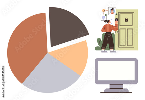 Large pie chart, woman managing digital lock access via connected devices, and desktop monitor. Ideal for data analysis, cybersecurity, digital identity, online privacy, remote work, access control