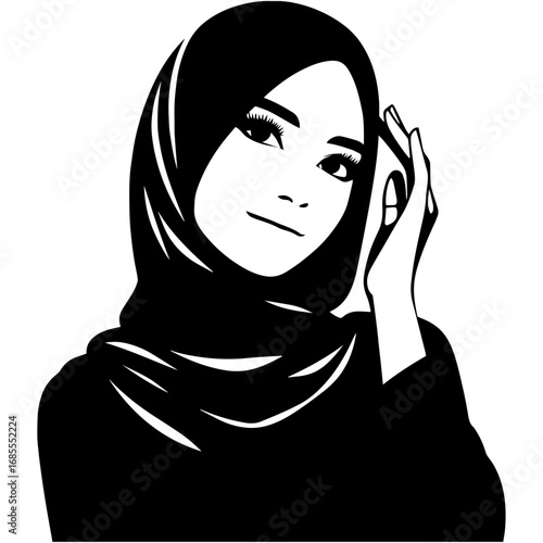 Black and white vector silhouette of a Hijabi woman on white background 