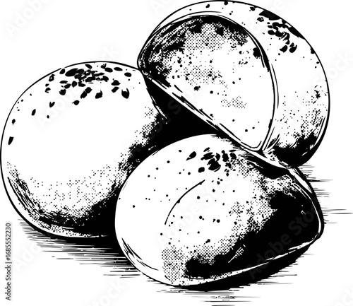 Detailed black and white illustration of three bread rolls with seeds. Vector illustration