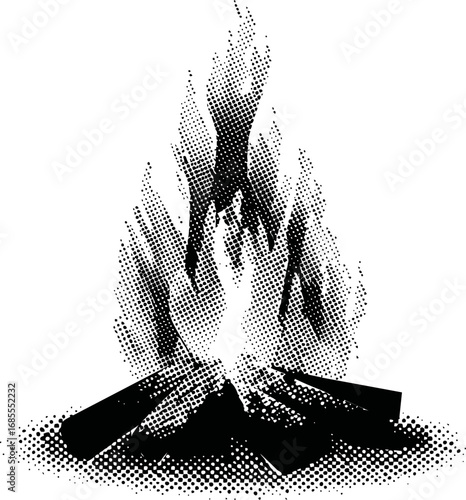 Halftone illustration of a campfire with abstract flames in black and white art. Vector illustration