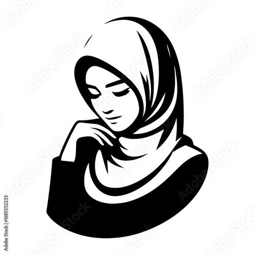 Black and white vector silhouette of a Hijabi woman on white background 