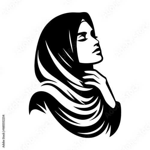 Black and white vector silhouette of a Hijabi woman on white background 