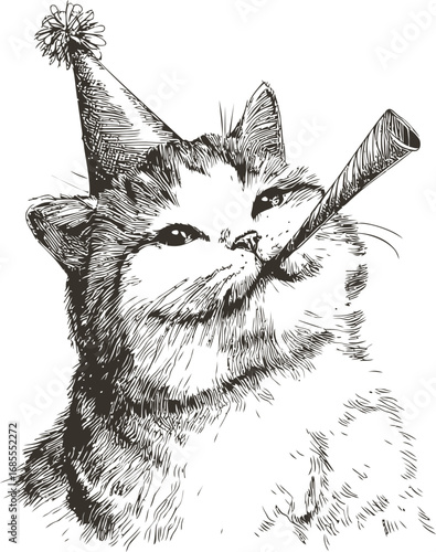 Party cat with a hat and blower in black and white sketch style. Vector illustration