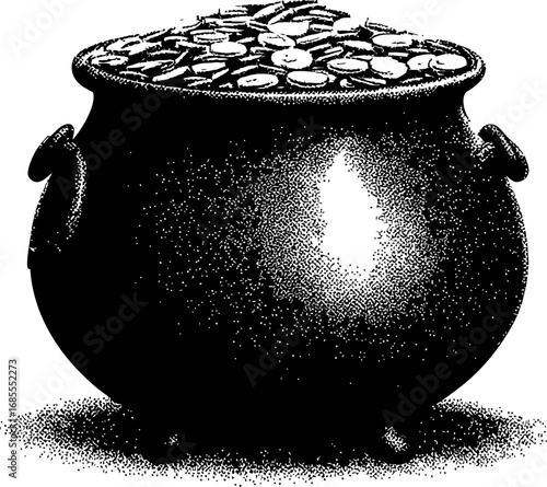 Black and white illustration of a pot filled with gold coins, treasure concept. Vector illustration