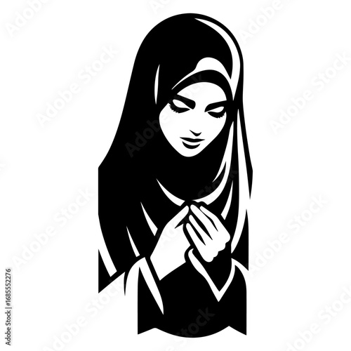 Black and white vector silhouette of a Hijabi woman on white background 