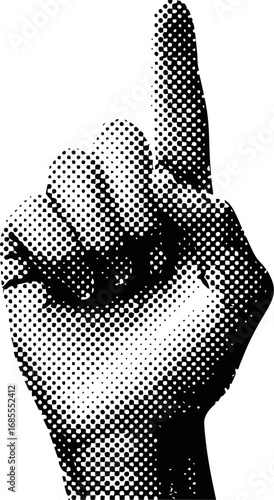 Halftone artwork of a pointing hand with index finger raised upward. Vector illustration