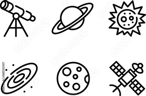 A Collection of Space Exploration Icons Representing Astronomy Outer Space and Scientific Endeavors Involving Telescopes Planets Galaxies Satellites Sun and Moon