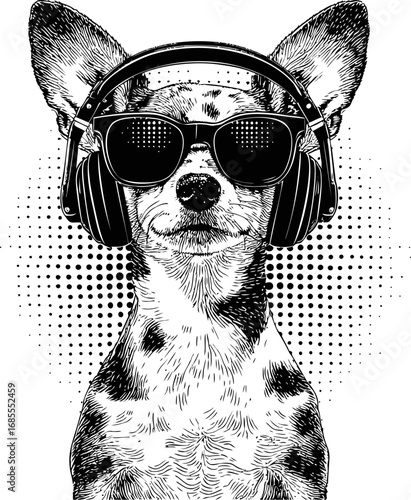 Cool chihuahua wearing sunglasses and headphones in black and white sketch. Vector illustration