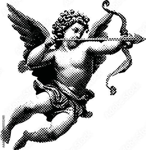 Retro-style illustration of a cupid aiming an arrow with dotted texture. Vector illustration
