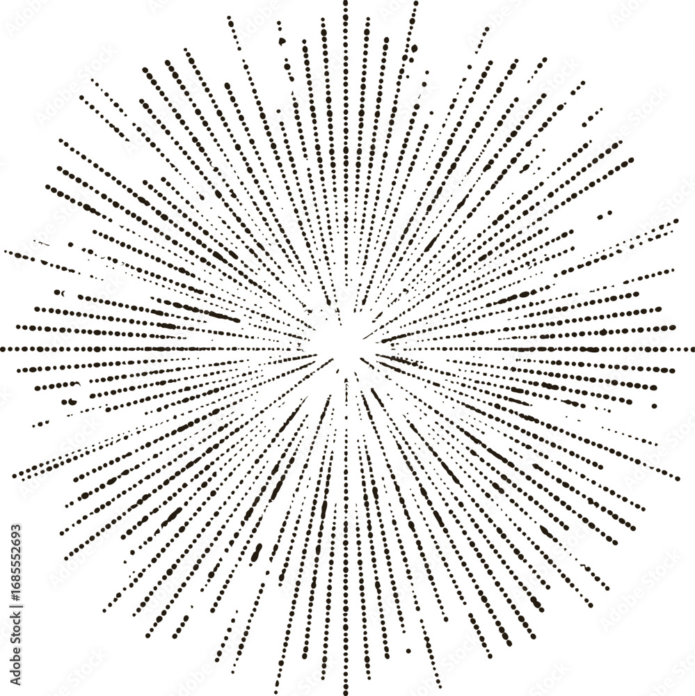 Obraz premium Abstract halftone burst pattern with black dots on white background. Vector illustration
