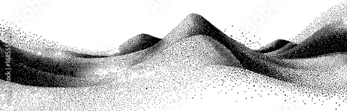 Abstract black and white dotted waves forming a mountainous landscape. Vector illustration
