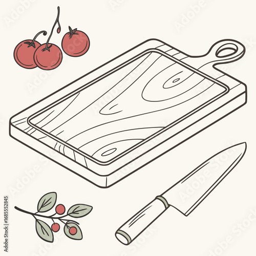 A simple overhead illustration of a wooden cutting board with a knife and fresh tomatoes and berries