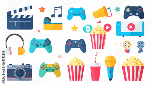 Flat vector entertainment and media icons including music, movie, gaming, and microphone