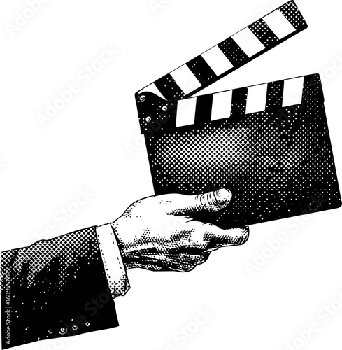 Vintage black and white film clapperboard held by a suited hand. Vector illustration