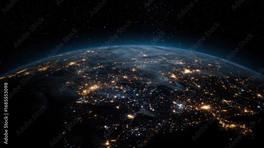Obraz premium Earth Hour: Dim the Lights for a Greener Planet - Nighttime View of Earth with Twinkling City Lights