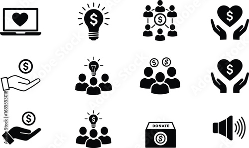 Donation and crowdfunding vector icons set with money, heart, charity, fundraising, support, community, teamwork, giving, finance, online fundraising, creative ideas, business