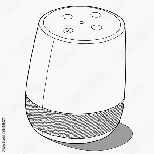 Clean line art illustration of a smart speaker with a textured base and top controls