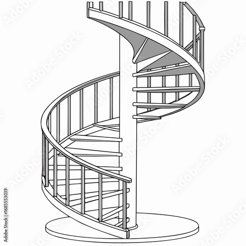 Clean line drawing illustration of a classic spiral staircase with wooden steps and railings