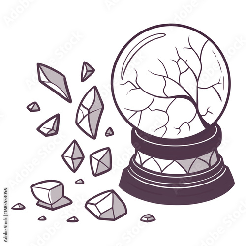 Cracked and shattering crystal ball with scattered shards on a white background