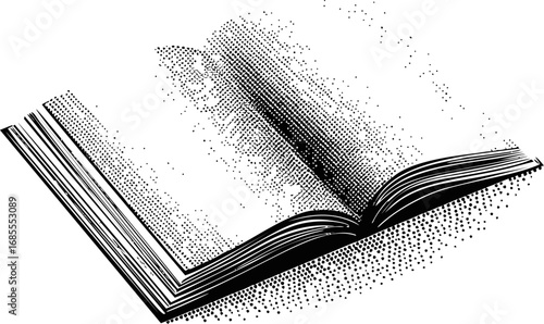 Open book illustration with halftone dots on white background. Vector illustration