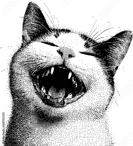 Monochrome illustration of a yawning cat showing teeth, black and white sketch. Vector illustration