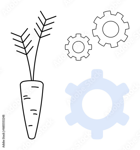 Carrot with leaves and interlocking gears symbolizing farming, automation, farming efficiency, innovation. Ideal for agriculture, technology, sustainability, machinery, integration eco-friendly