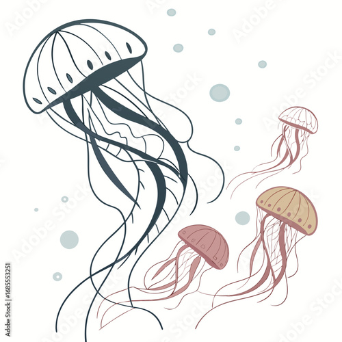Four stylized jellyfish with flowing tentacles drift gracefully through gentle blue bubbles in a clean white background