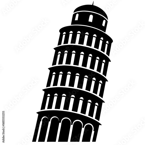 Black Silhouette Vector of Leaning Tower of Pisa Icon for Travel and Landmark Designs